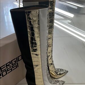 Sergio Rossi Black, Gold, and White Over the Knee Boots